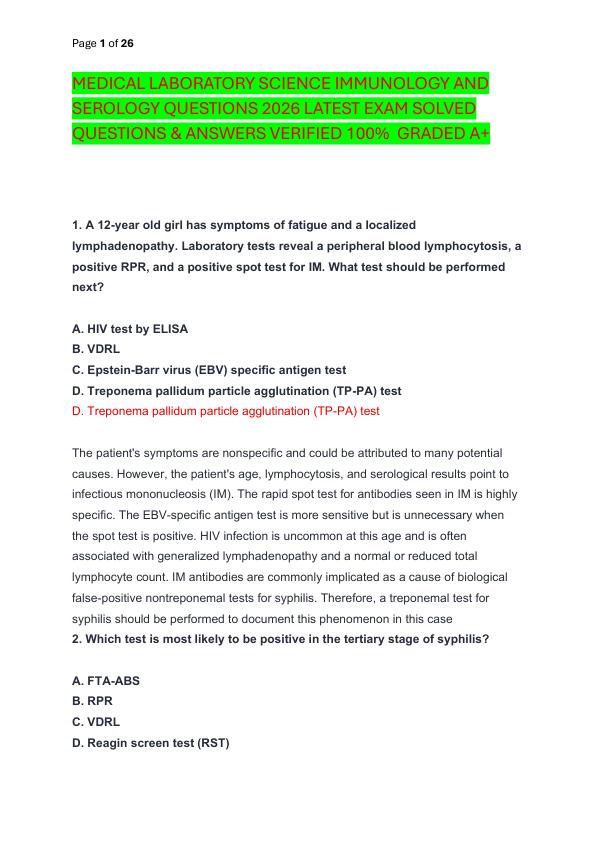 MEDICAL LABORATORY SCIENCE IMMUNOLOGY AND SEROLOGY QUESTIONS 2026 LATEST EXAM SOLVED  QUESTIONS & ANSWERS VERIFIED 100%  GRADED A+