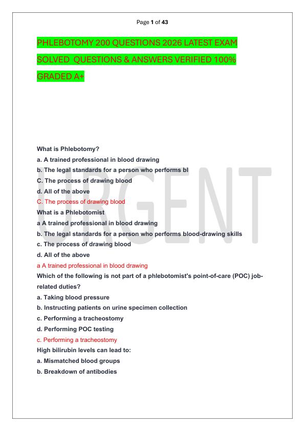 PHLEBOTOMY 200 QUESTIONS 2026 LATEST EXAM SOLVED  QUESTIONS & ANSWERS VERIFIED 100%  GRADED A+
