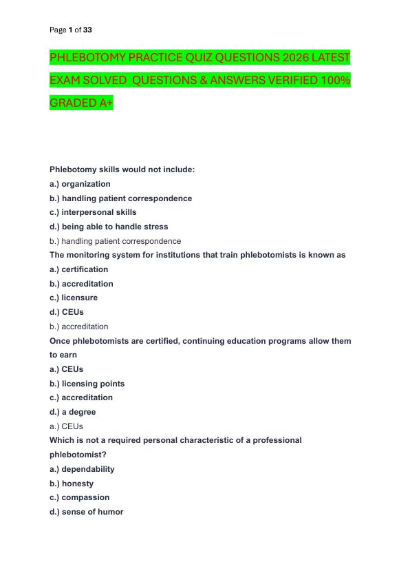 PHLEBOTOMY PRACTICE QUIZ QUESTIONS 2026 LATEST EXAM SOLVED  QUESTIONS & ANSWERS VERIFIED 100%  GRADED A+