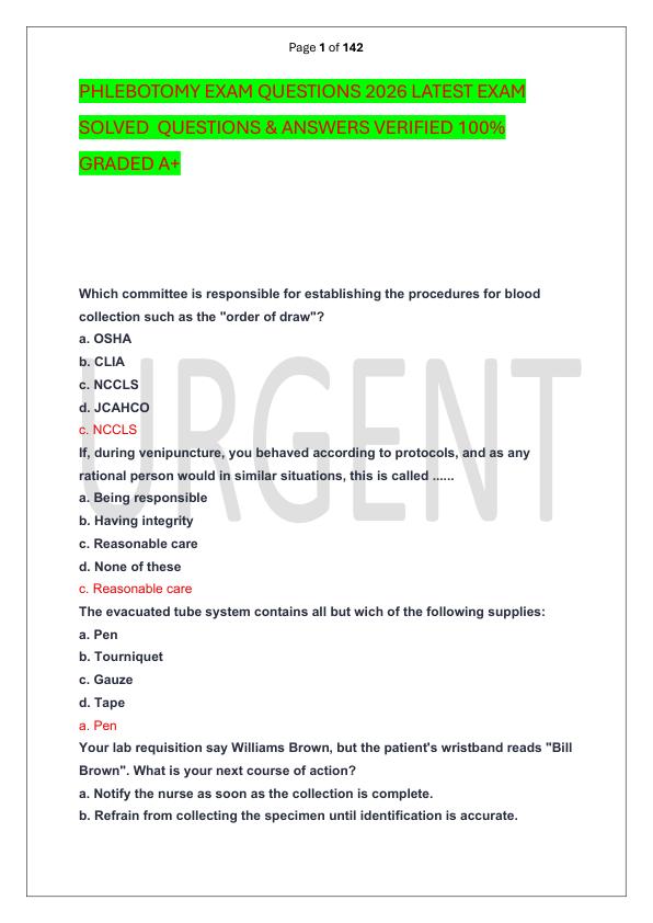 PHLEBOTOMY EXAM QUESTIONS 2026 LATEST EXAM SOLVED  QUESTIONS & ANSWERS VERIFIED 100%  GRADED A+