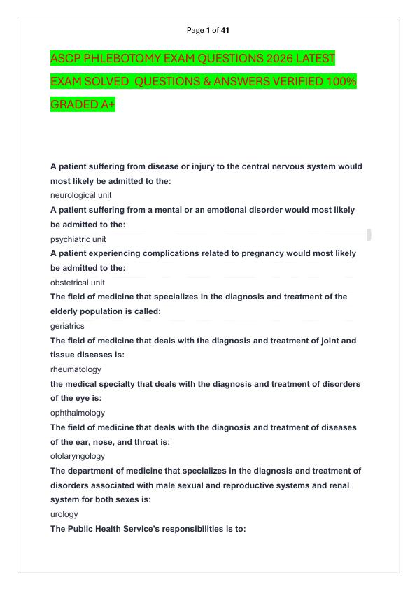 ASCP PHLEBOTOMY EXAM QUESTIONS 2026 LATEST EXAM SOLVED  QUESTIONS & ANSWERS VERIFIED 100%  GRADED A+
