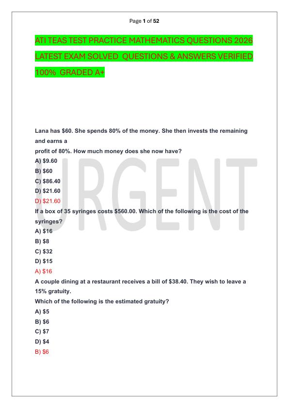 ATI TEAS TEST PRACTICE MATHEMATICS QUESTIONS 2026 LATEST EXAM SOLVED  QUESTIONS & ANSWERS VERIFIED 100%  GRADED A+