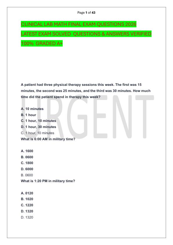 CLINICAL LAB MATH FINAL EXAM QUESTIONS 2026 LATEST EXAM SOLVED  QUESTIONS & ANSWERS VERIFIED 100%  GRADED A+