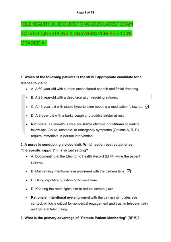 TELEHEALTH QUIZ QUESTIONS 2026 LATEST EXAM SOLVED  QUESTIONS & ANSWERS VERIFIED 100%  GRADED A+