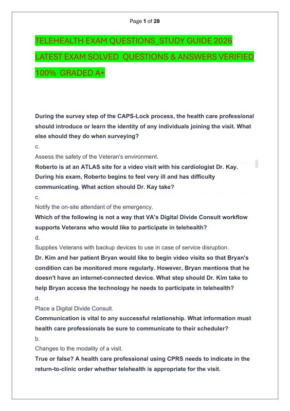 TELEHEALTH EXAM QUESTIONS_STUDY GUIDE 2026 LATEST EXAM SOLVED  QUESTIONS & ANSWERS VERIFIED 100%  GRADED A+