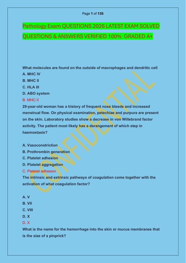 Pathology Exam QUESTIONS 2026 LATEST EXAM SOLVED  QUESTIONS & ANSWERS VERIFIED 100%  GRADED A+