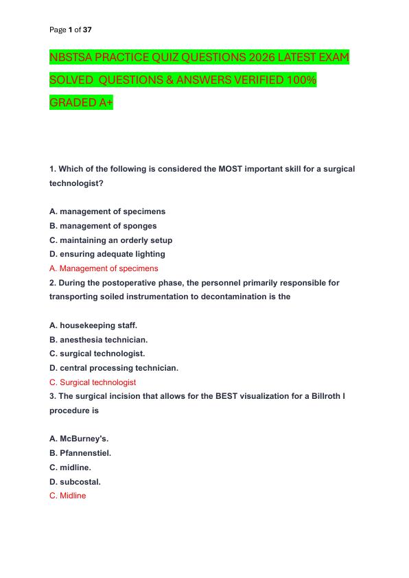 NBSTSA PRACTICE QUIZ QUESTIONS 2026 LATEST EXAM SOLVED  QUESTIONS & ANSWERS VERIFIED 100%  GRADED A+