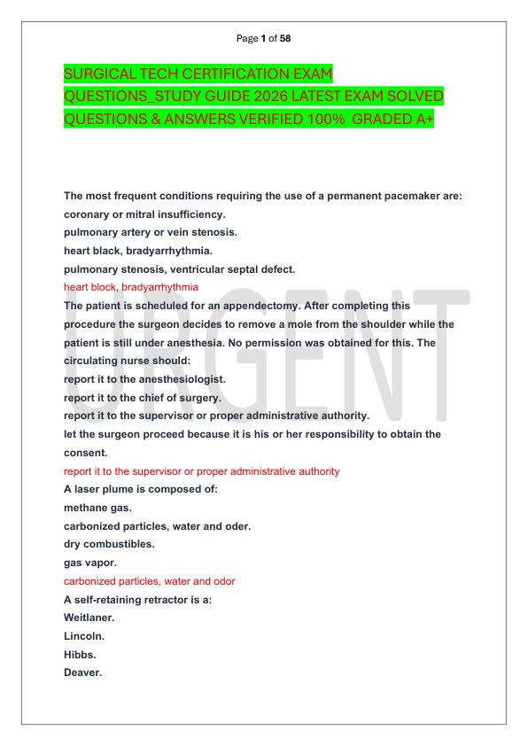 SURGICAL TECH CERTIFICATION EXAM QUESTIONS_STUDY GUIDE 2026 LATEST EXAM SOLVED  QUESTIONS & ANSWERS VERIFIED 100%  GRADED A+