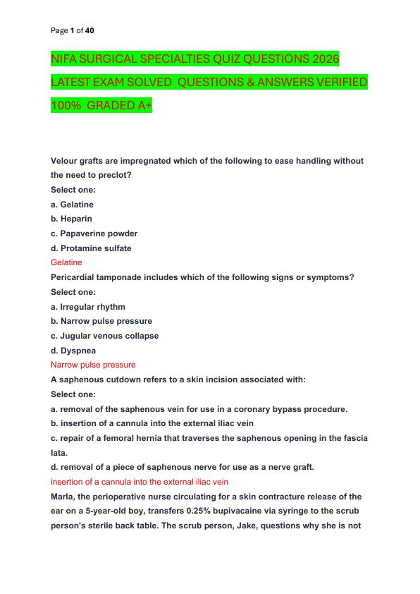 NIFA SURGICAL SPECIALTIES QUIZ QUESTIONS 2026 LATEST EXAM SOLVED  QUESTIONS & ANSWERS VERIFIED 100%  GRADED A+