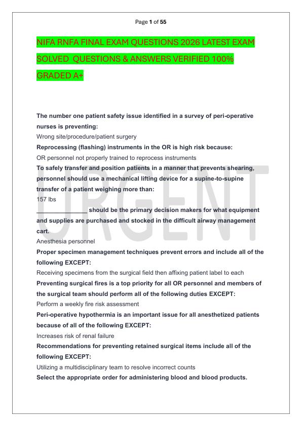 NIFA RNFA FINAL EXAM QUESTIONS 2026 LATEST EXAM SOLVED  QUESTIONS & ANSWERS VERIFIED 100%  GRADED A+