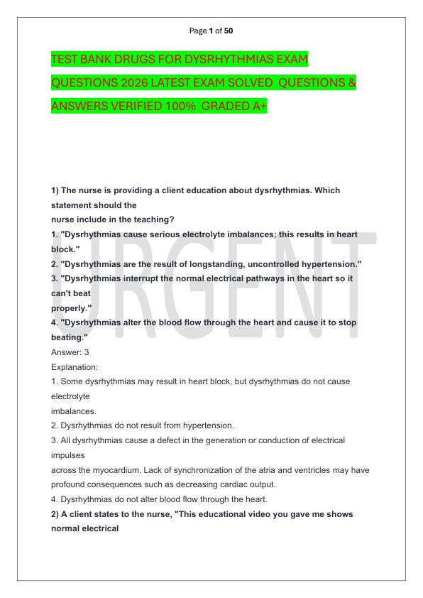 TEST BANK DRUGS FOR DYSRHYTHMIAS EXAM QUESTIONS 2026 LATEST EXAM SOLVED  QUESTIONS & ANSWERS VERIFIED 100%  GRADED A+