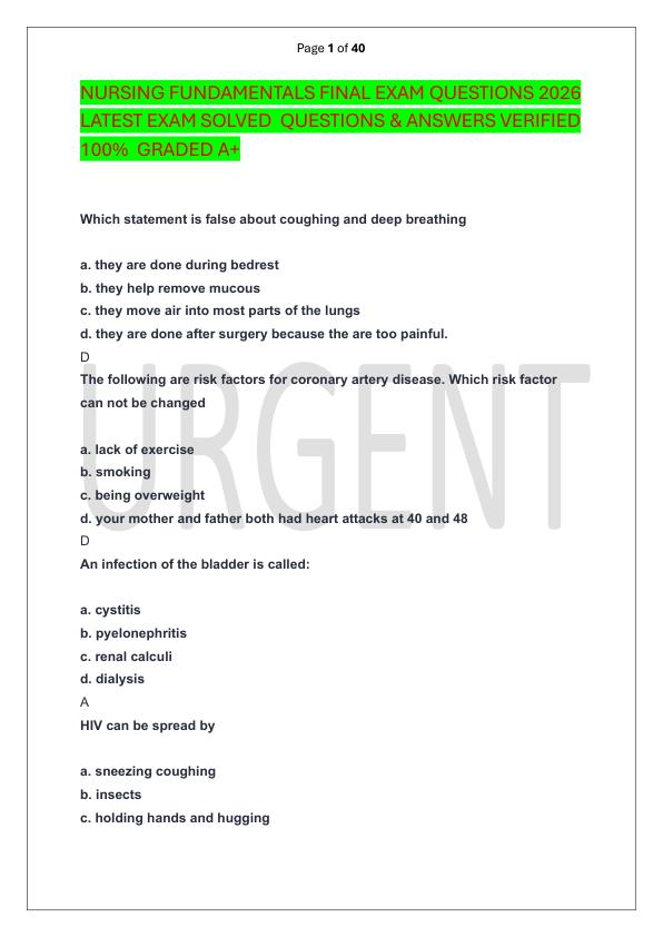 NURSING FUNDAMENTALS FINAL EXAM QUESTIONS 2026 LATEST EXAM SOLVED  QUESTIONS & ANSWERS VERIFIED 100%  GRADED A+