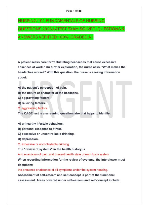 NURSING 101 FUNDAMENTALS OF NURSING  QUESTIONS 2026 LATEST EXAM SOLVED  QUESTIONS & ANSWERS VERIFIED 100%  GRADED A+