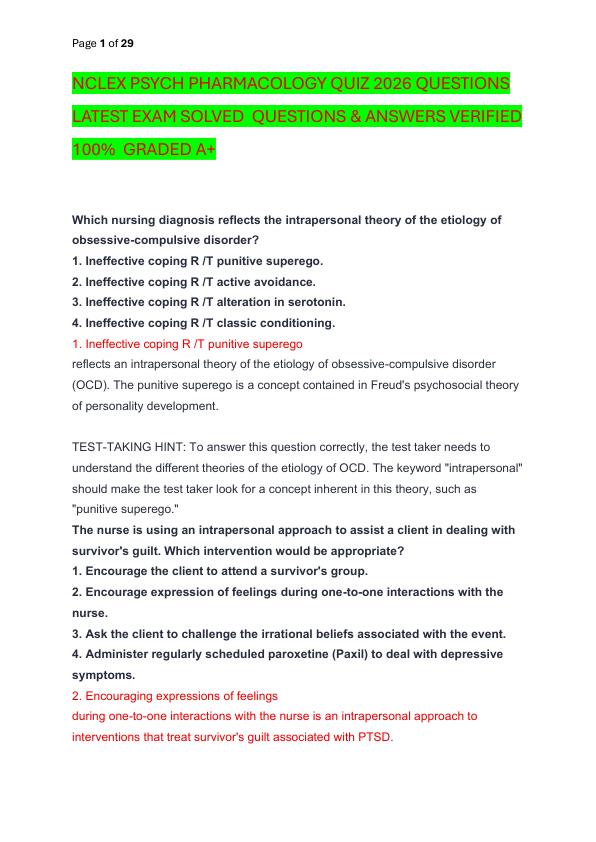 NCLEX PSYCH PHARMACOLOGY QUIZ 2026 QUESTIONS  LATEST EXAM SOLVED  QUESTIONS & ANSWERS VERIFIED 100%  GRADED A+