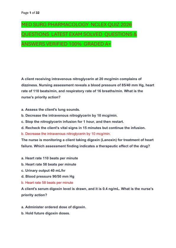 mobile-preview-MED SURG PHARMACOLOGY  NCLEX QUIZ 2026 QUESTIONS  LATEST EXAM SOLVED  QUESTIONS & ANSWERS VERIFIED 100%  GRADED A+