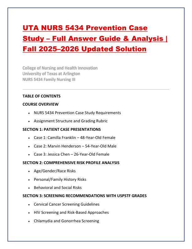 UTA NURS 5434 Prevention Case Study