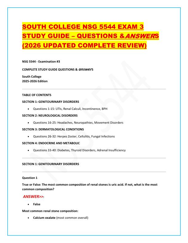 SOUTH COLLEGE NSG 5544 EXAM 3 STUDY GUIDE