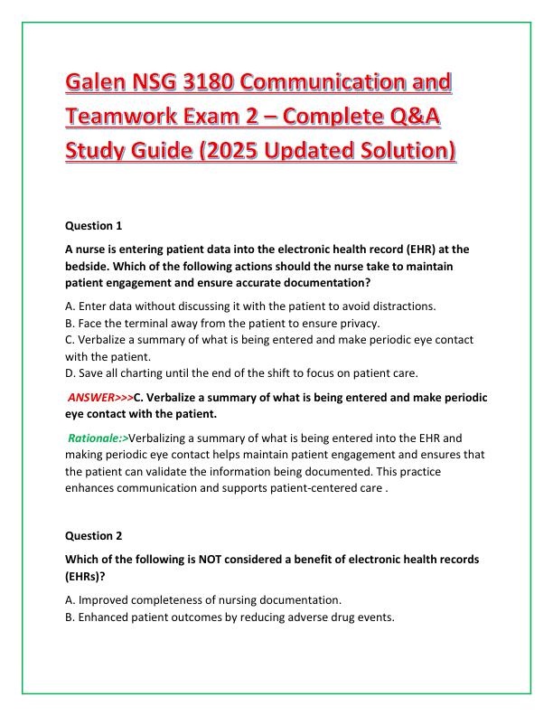 Galen NSG 3180 Communication and Teamwork Exam 2