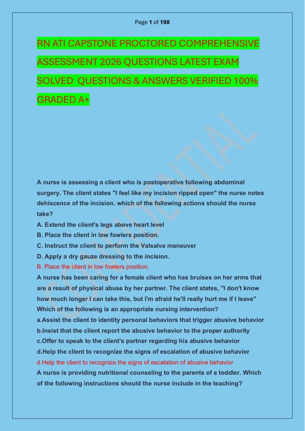 RN ATI CAPSTONE PROCTORED COMPREHENSIVE ASSESSMENT 2026 QUESTIONS LATEST EXAM SOLVED  QUESTIONS & ANSWERS VERIFIED 100%  GRADED A+ 