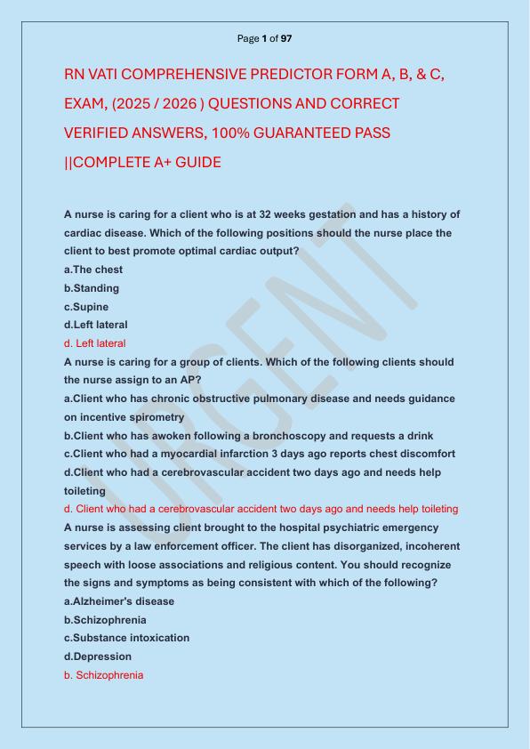 RN VATI COMPREHENSIVE PREDICTOR FORM A, B, & C, EXAM, (2025  2026 ) QUESTIONS AND CORRECT VERIFIED ANSWERS, 100% GUARANTEED PASS COMPLETE A+ GUIDE
