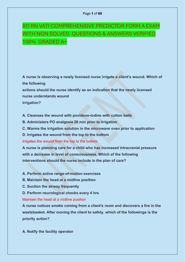 ATI RN VATI COMPREHENSIVE PREDICTOR FORM A EXAM WITH NGN SOLVED  QUESTIONS & ANSWERS VERIFIED 100%  GRADED A+