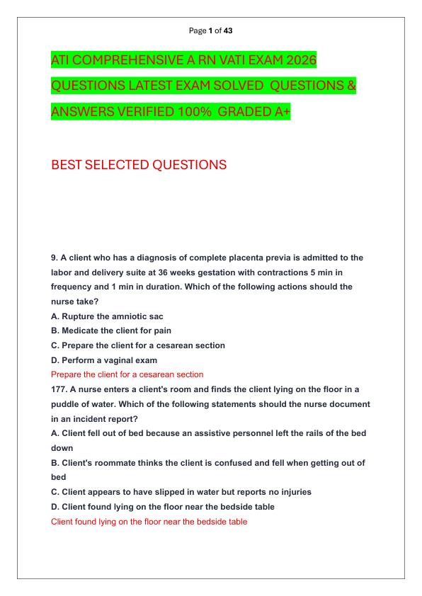 ATI COMPREHENSIVE A RN VATI EXAM 2026 QUESTIONS LATEST EXAM SOLVED  QUESTIONS & ANSWERS VERIFIED 100%  GRADED A+ 