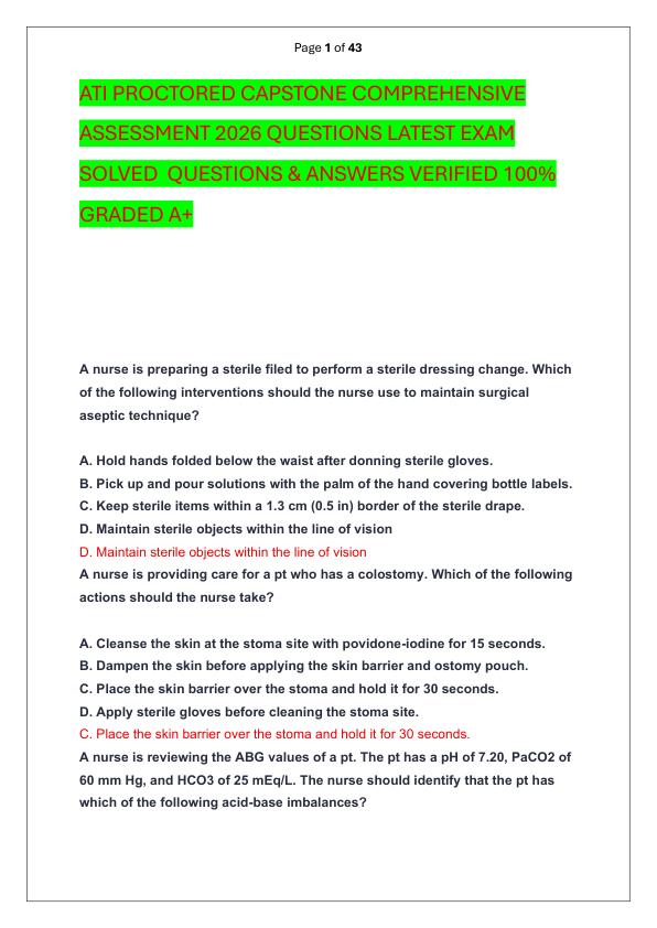 ATI PROCTORED CAPSTONE COMPREHENSIVE ASSESSMENT 2026 QUESTIONS LATEST EXAM SOLVED  QUESTIONS & ANSWERS VERIFIED 100%  GRADED A+ 
