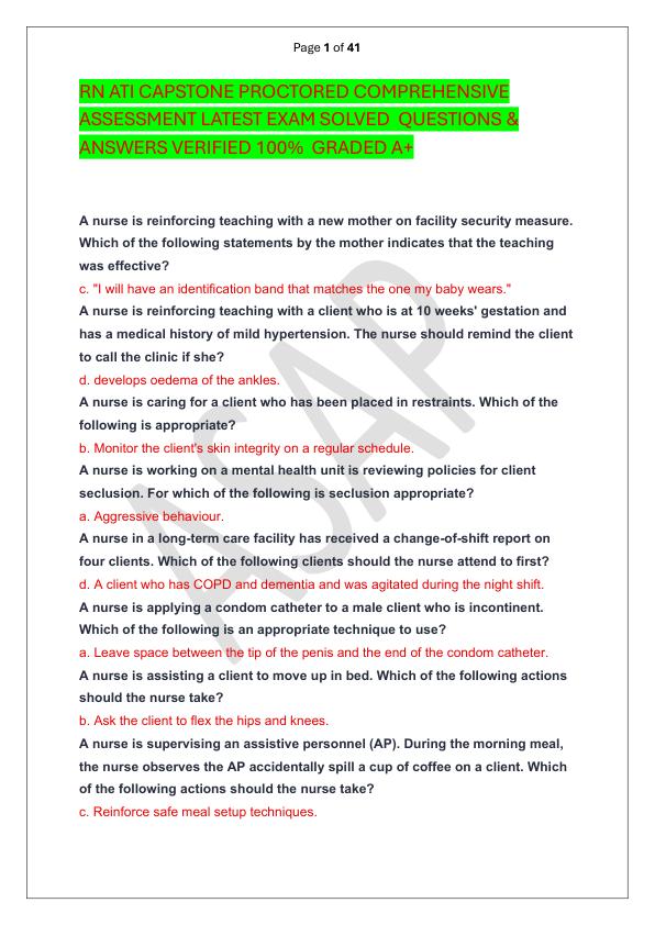 RN ATI CAPSTONE PROCTORED COMPREHENSIVE ASSESSMENT LATEST EXAM SOLVED  QUESTIONS & ANSWERS VERIFIED 100%  GRADED A+