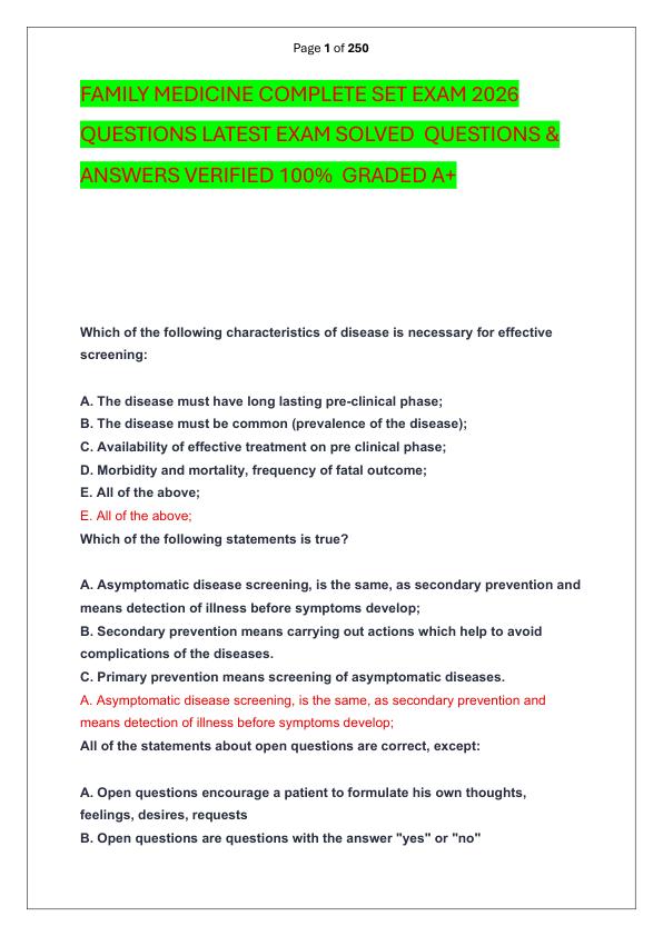 FAMILY MEDICINE COMPLETE SET EXAM 2026 QUESTIONS LATEST EXAM SOLVED  QUESTIONS & ANSWERS VERIFIED 100%  GRADED A+ 