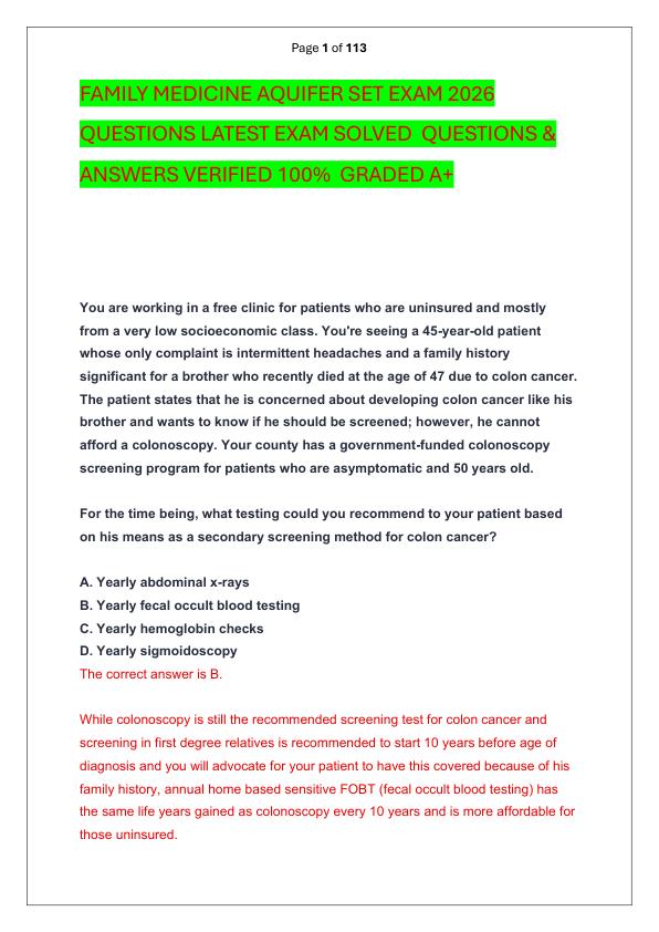 FAMILY MEDICINE AQUIFER SET EXAM 2026 QUESTIONS LATEST EXAM SOLVED  QUESTIONS & ANSWERS VERIFIED 100%  GRADED A+ 