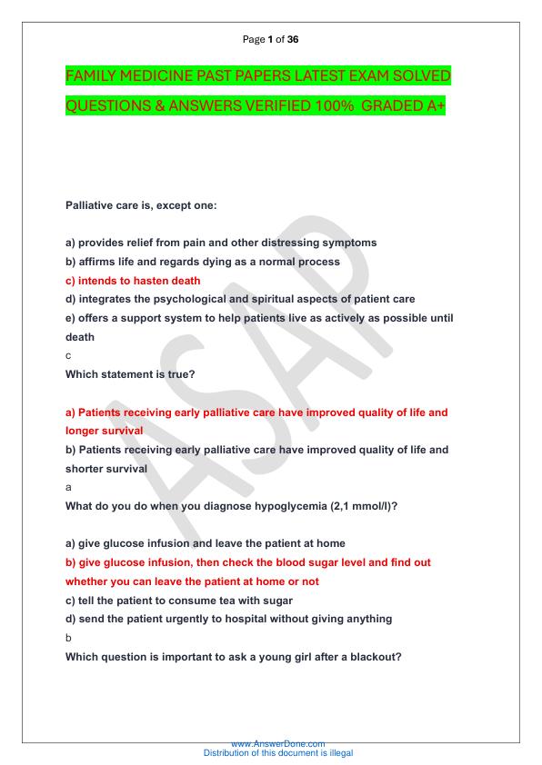 FAMILY MEDICINE PAST PAPERS LATEST EXAM SOLVED  QUESTIONS & ANSWERS VERIFIED 100%  GRADED A+