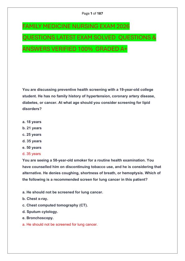 FAMILY MEDICINE NURSING EXAM 2026 QUESTIONS LATEST EXAM SOLVED  QUESTIONS & ANSWERS VERIFIED 100%  GRADED A+ 
