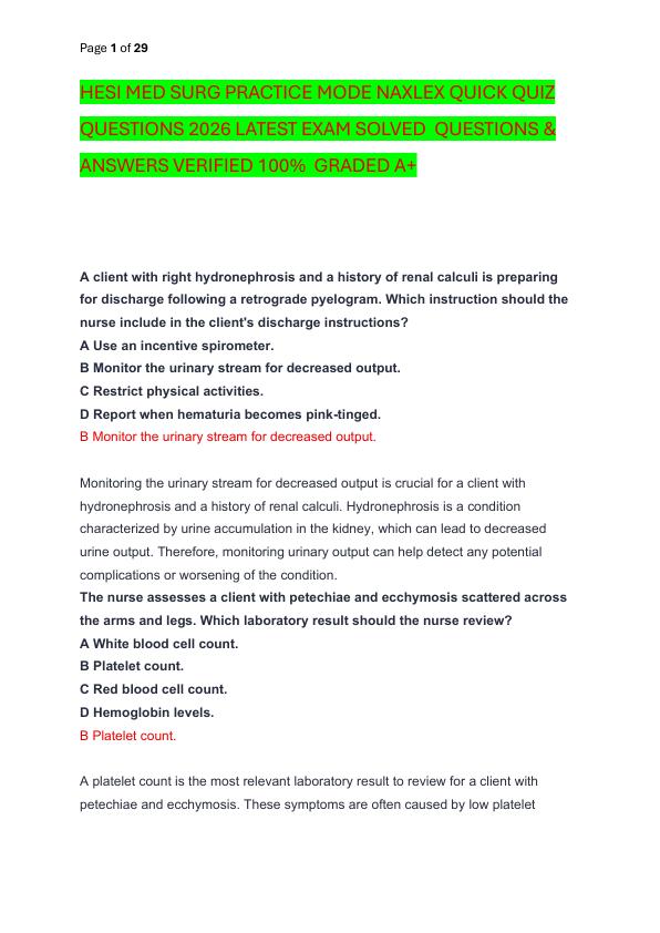 HESI MED SURG PRACTICE MODE NAXLEX QUICK QUIZ QUESTIONS 2026 LATEST EXAM SOLVED  QUESTIONS & ANSWERS VERIFIED 100%  GRADED A+