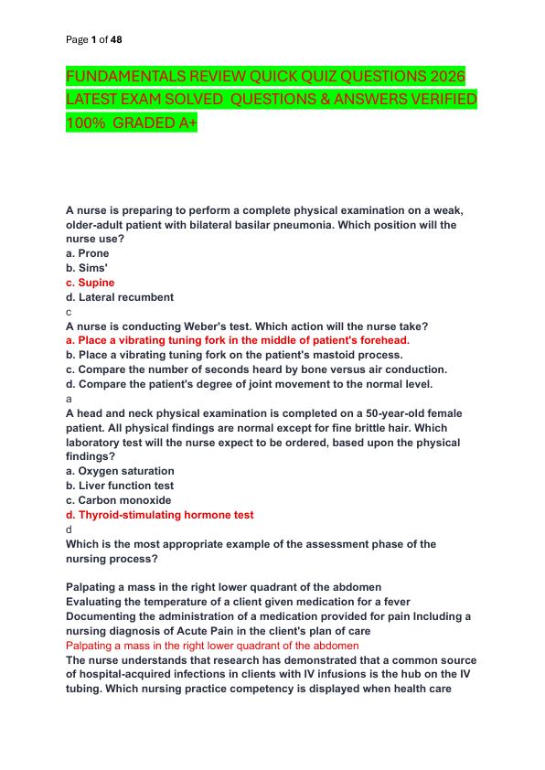 FUNDAMENTALS REVIEW QUICK QUIZ QUESTIONS 2026 LATEST EXAM SOLVED  QUESTIONS & ANSWERS VERIFIED 100%  GRADED A+