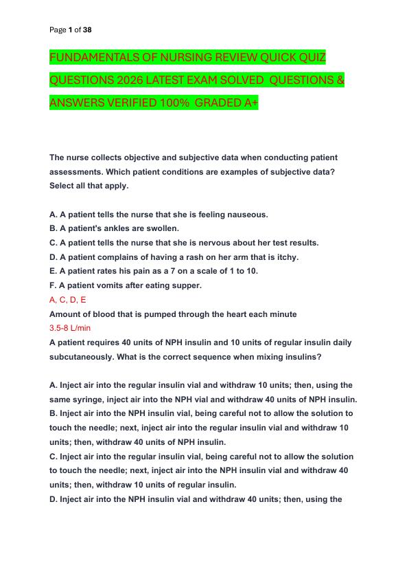 FUNDAMENTALS OF NURSING REVIEW QUICK QUIZ QUESTIONS 2026 LATEST EXAM SOLVED  QUESTIONS & ANSWERS VERIFIED 100%  GRADED A+