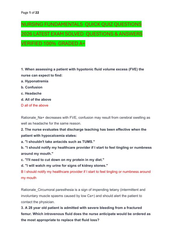NURSING FUNDAMENTALS  QUICK QUIZ QUESTIONS 2026 LATEST EXAM SOLVED  QUESTIONS & ANSWERS VERIFIED 100%  GRADED A+