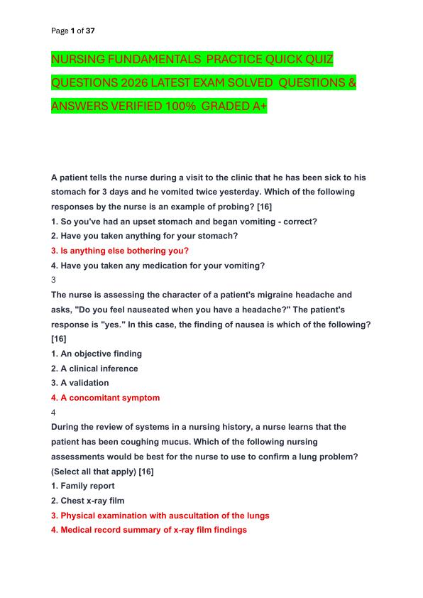 NURSING FUNDAMENTALS  PRACTICE QUICK QUIZ QUESTIONS 2026 LATEST EXAM SOLVED  QUESTIONS & ANSWERS VERIFIED 100%  GRADED A+