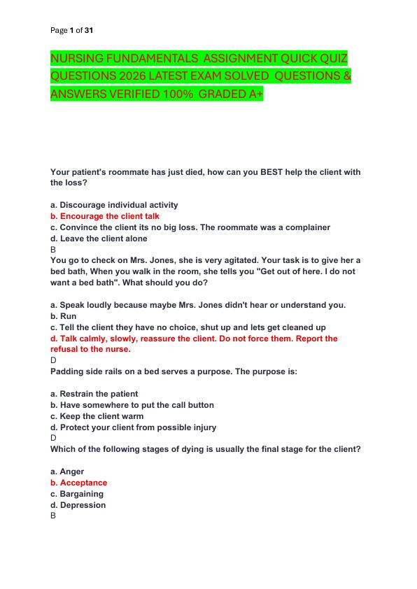 NURSING FUNDAMENTALS  ASSIGNMENT QUICK QUIZ QUESTIONS 2026 LATEST EXAM SOLVED  QUESTIONS & ANSWERS VERIFIED 100%  GRADED A+