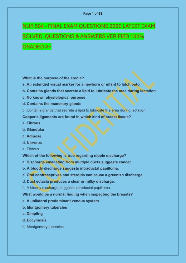 NUR 504 - FINAL EXAM QUESTIONS 2026 LATEST EXAM SOLVED  QUESTIONS & ANSWERS VERIFIED 100%  GRADED A+