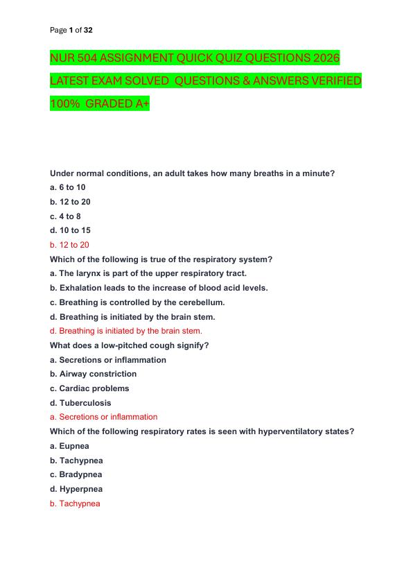 NUR 504 ASSIGNMENT QUICK QUIZ QUESTIONS 2026 LATEST EXAM SOLVED  QUESTIONS & ANSWERS VERIFIED 100%  GRADED A+