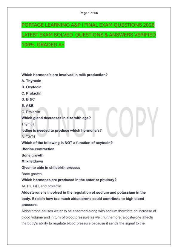 PORTAGE LEARNING A&P I FINAL EXAM QUESTIONS 2026 LATEST EXAM SOLVED  QUESTIONS & ANSWERS VERIFIED 100%  GRADED A+
