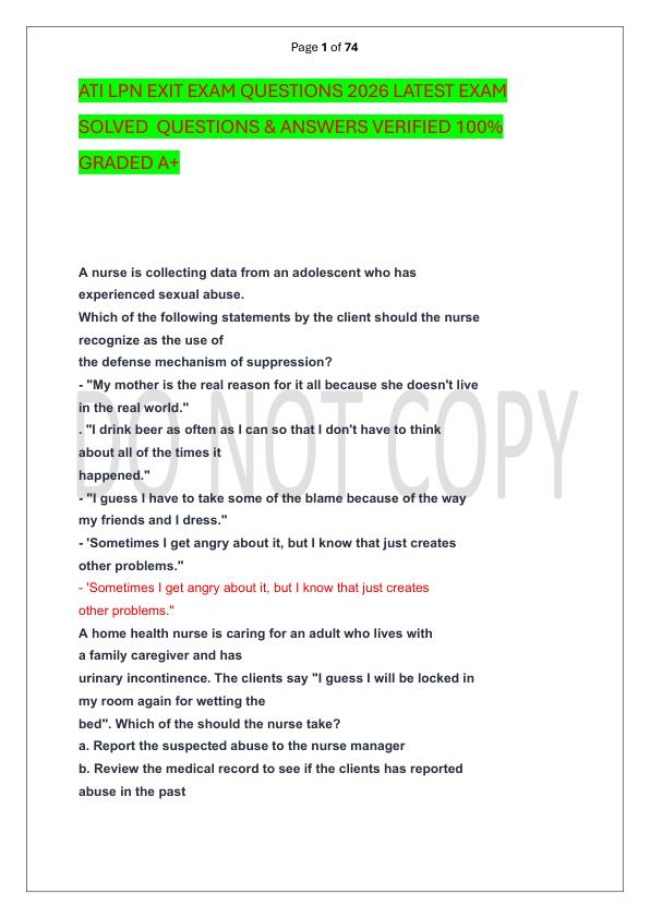 ATI LPN EXIT EXAM QUESTIONS 2026 LATEST EXAM SOLVED  QUESTIONS & ANSWERS VERIFIED 100%  GRADED A+
