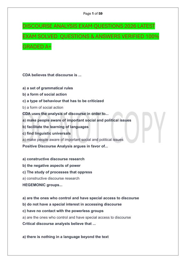 DISCOURSE ANALYSIS EXAM QUESTIONS 2026 LATEST EXAM SOLVED  QUESTIONS & ANSWERS VERIFIED 100%  GRADED A+