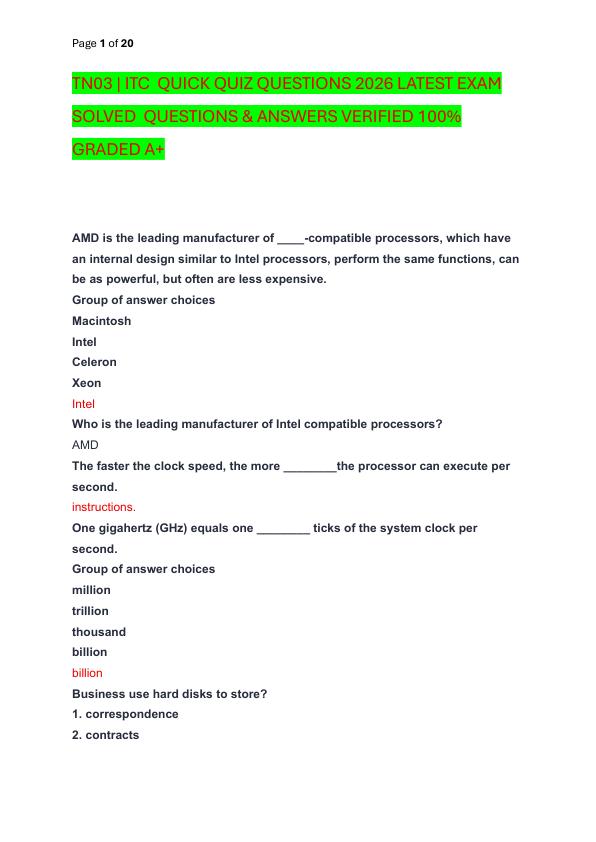 TN03  ITC  QUICK QUIZ QUESTIONS 2026 LATEST EXAM SOLVED  QUESTIONS & ANSWERS VERIFIED 100%  GRADED A+