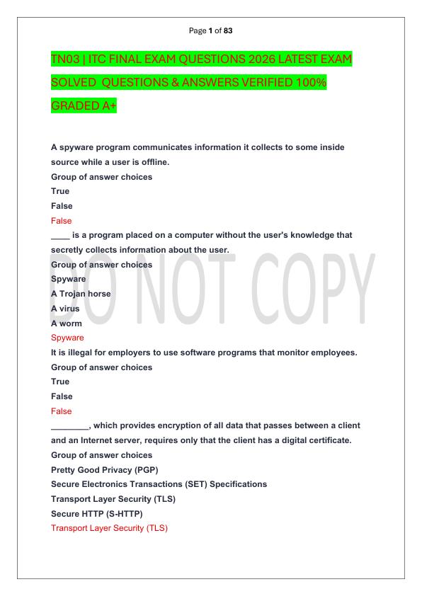 TN03  ITC FINAL EXAM QUESTIONS 2026 LATEST EXAM SOLVED  QUESTIONS & ANSWERS VERIFIED 100%  GRADED A+
