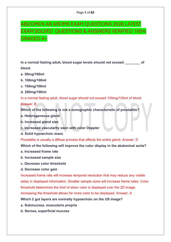 ABDOMEN AB ARDMS EXAM QUESTIONS 2026 LATEST EXAM SOLVED  QUESTIONS & ANSWERS VERIFIED 100%  GRADED A+