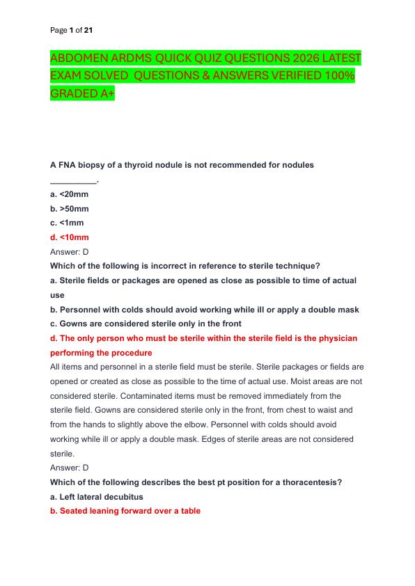 ABDOMEN ARDMS  QUICK QUIZ QUESTIONS 2026 LATEST EXAM SOLVED  QUESTIONS & ANSWERS VERIFIED 100%  GRADED A+
