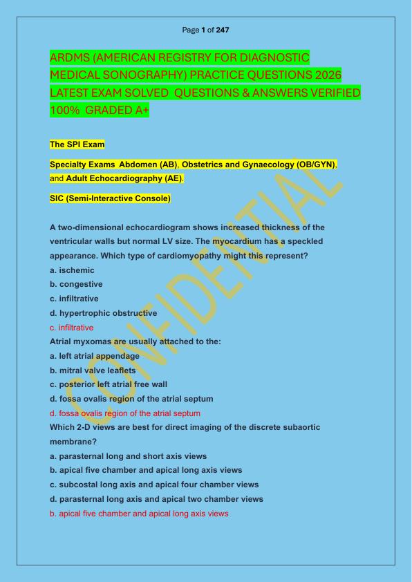 ARDMS (AMERICAN REGISTRY FOR DIAGNOSTIC MEDICAL SONOGRAPHY) PRACTICE QUESTIONS 2026 LATEST EXAM SOLVED  QUESTIONS & ANSWERS VERIFIED 100%  GRADED A+