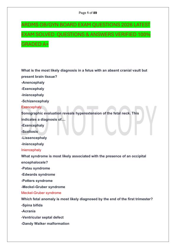 ARDMS OB GYN BOARD EXAM QUESTIONS 2026 LATEST EXAM SOLVED  QUESTIONS & ANSWERS VERIFIED 100%  GRADED A+