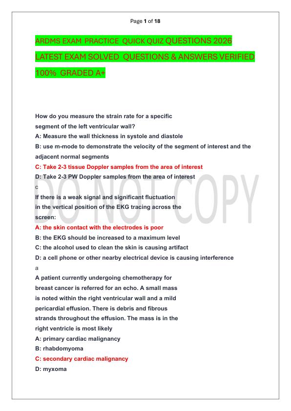 ARDMS EXAM  PRACTICE  QUICK QUIZ QUESTIONS 2026 LATEST EXAM SOLVED  QUESTIONS & ANSWERS VERIFIED 100%  GRADED A+